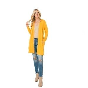 Long Sleeve Open Front French Terry Hoodie Cardigan – Mustard Yellow